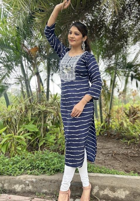 Blue Embroidered Rayon Kurta