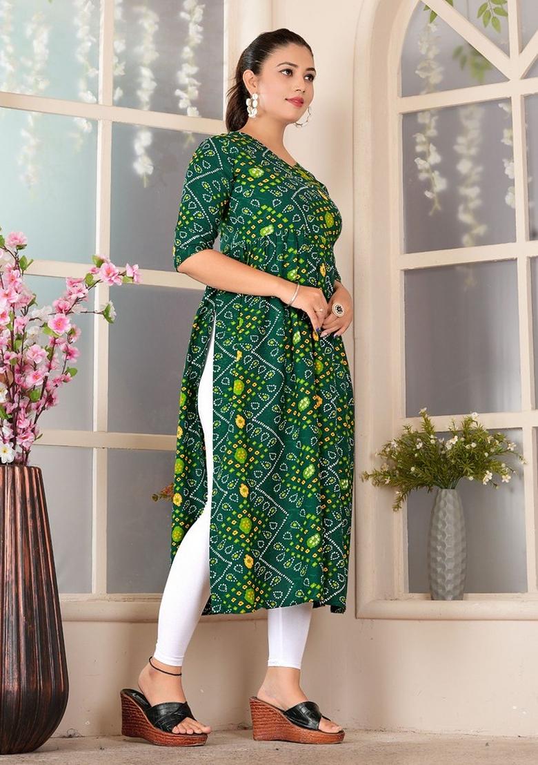 Green Printed Rayon Kurta - Indya