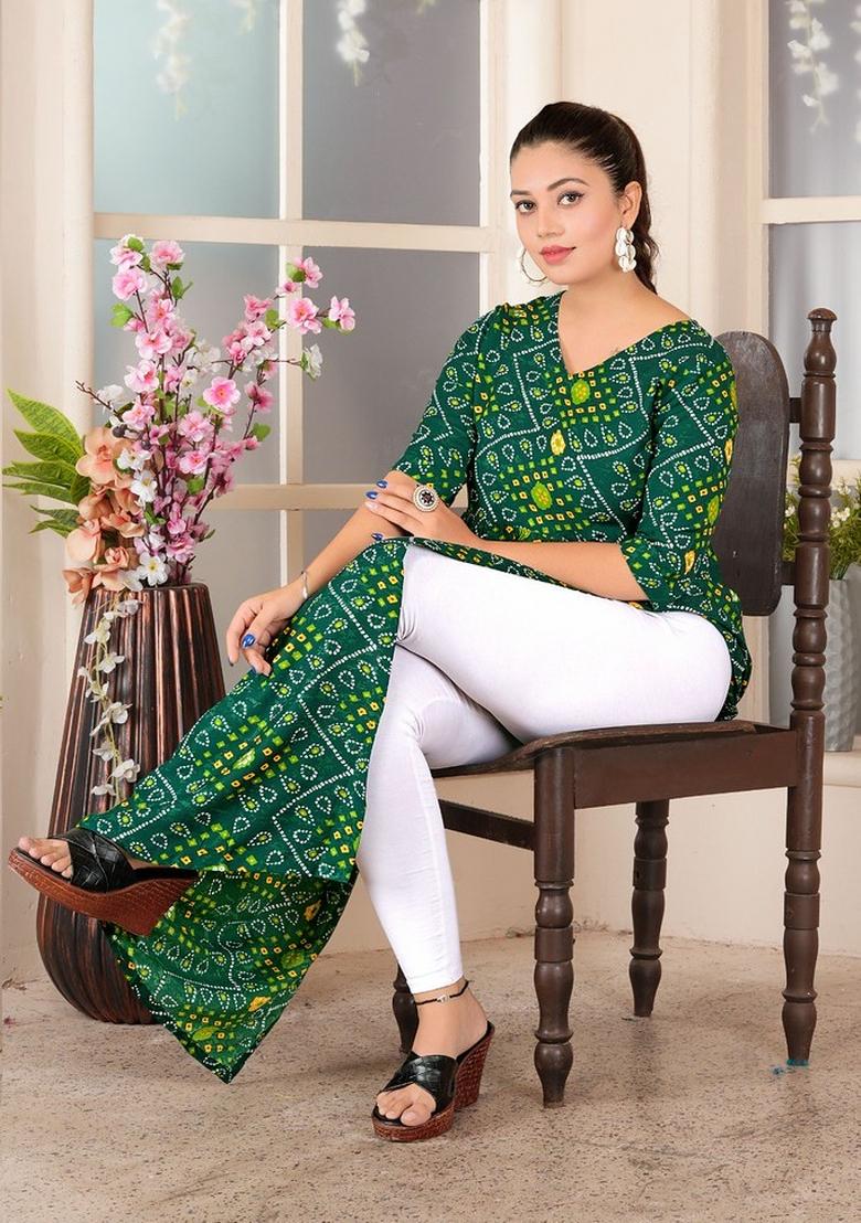 Green Printed Rayon Kurta - Indya