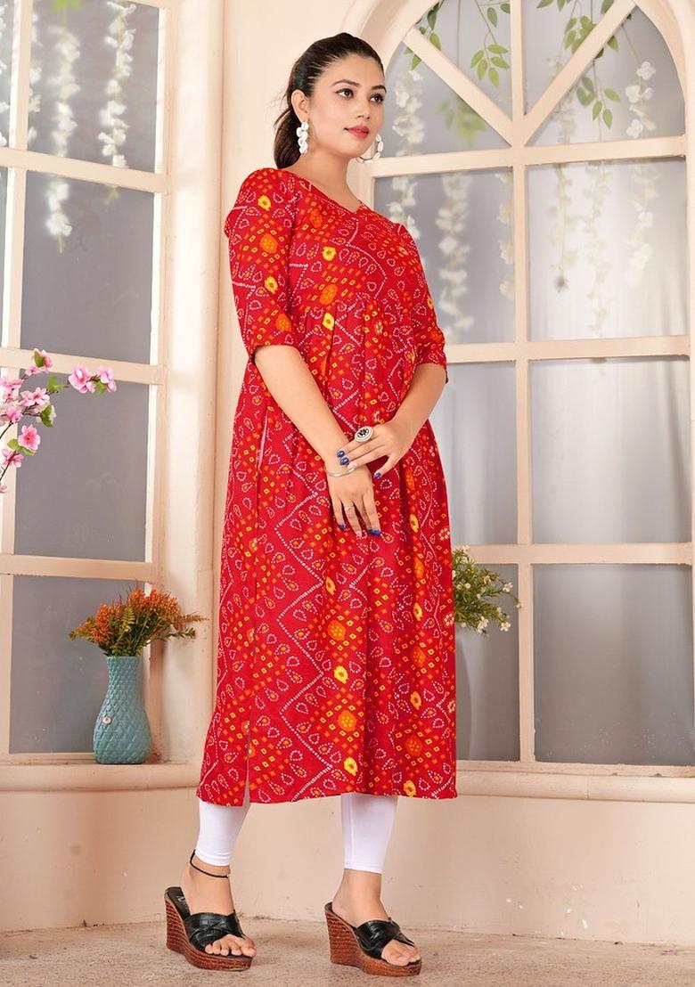 Red Printed Rayon Kurta - Indya