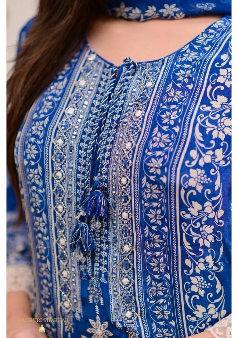 Blue Printed Maslin Straight Kurta Set - Indya