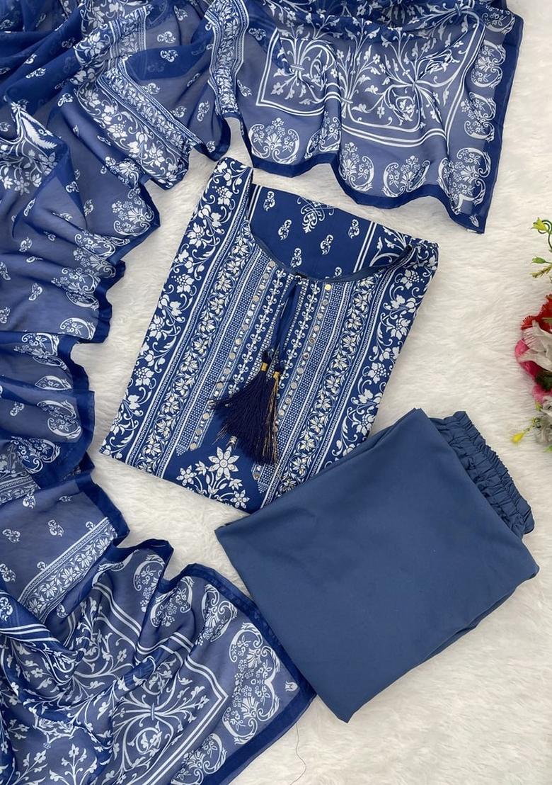 Blue Printed Maslin Straight Kurta Set - Indya