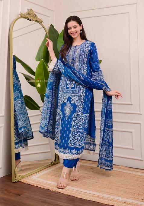 Blue Printed Maslin Kurta Set