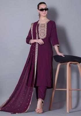 Purple Embroidered Silk Blend Kurta Set