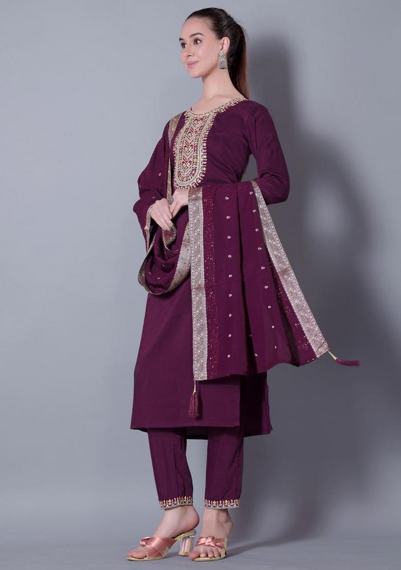 Purple Embroidered Silk Blend Kurta Set - Indya