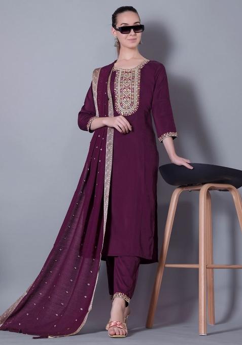 Purple Embroidered Silk Blend Kurta Set