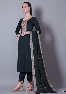 Dark Green Embroidered Silk Blend Kurta Set