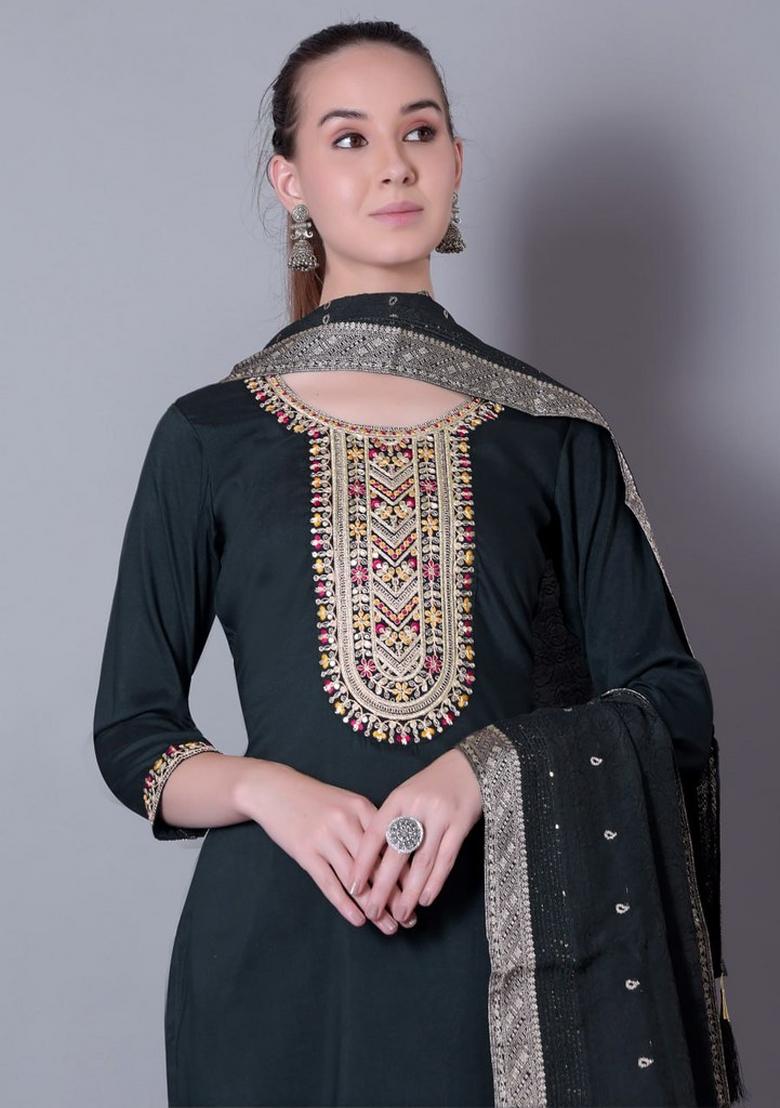 Dark Green Embroidered Silk Blend Kurta Set - Indya