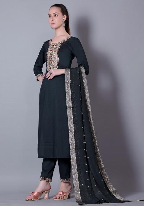 Dark Green Embroidered Silk Blend Kurta Set