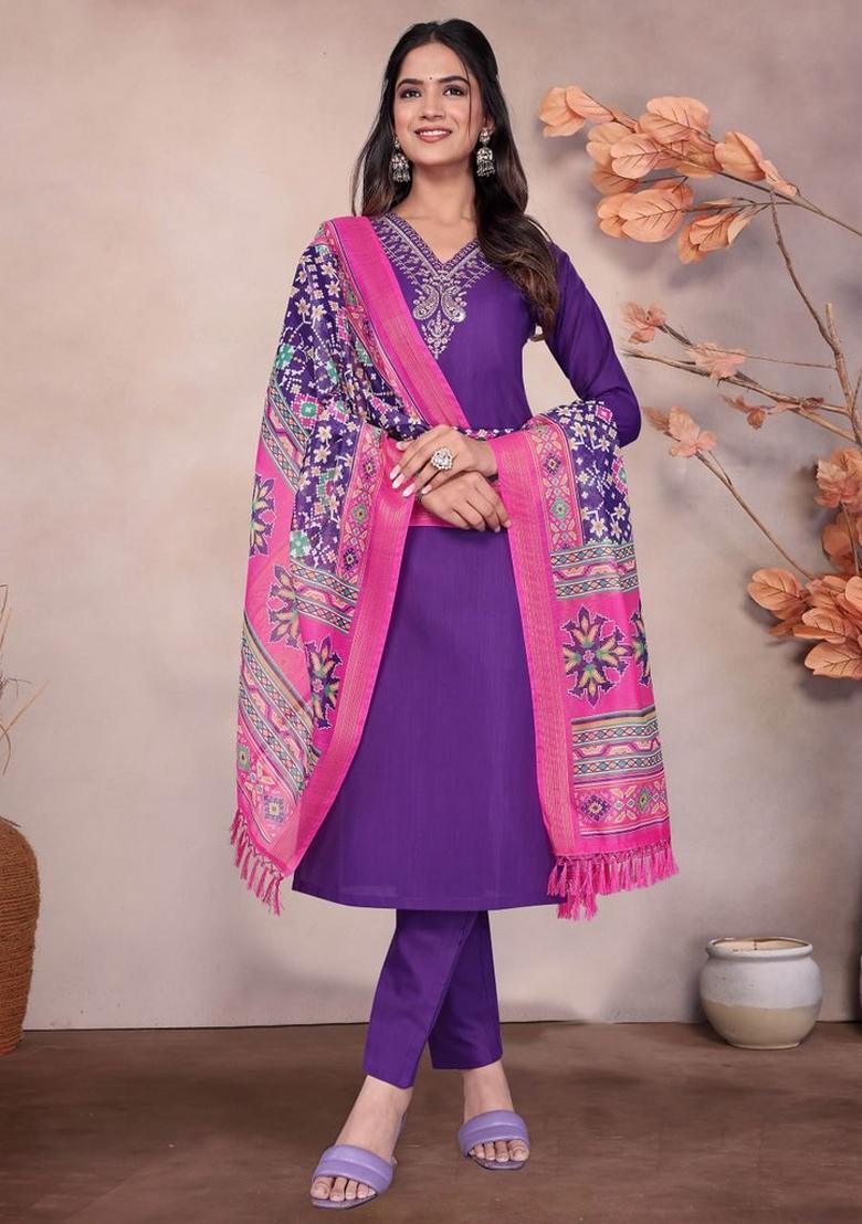 Purple Embroidered Cotton Blend Kurta Set - Indya
