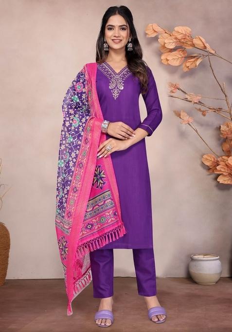 Purple Embroidered Cotton Blend Kurta Set