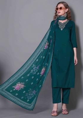 Blue Embroidered Silk Blend Kurta Set