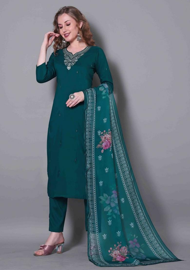 Blue Embroidered Silk Blend Kurta Set - Indya
