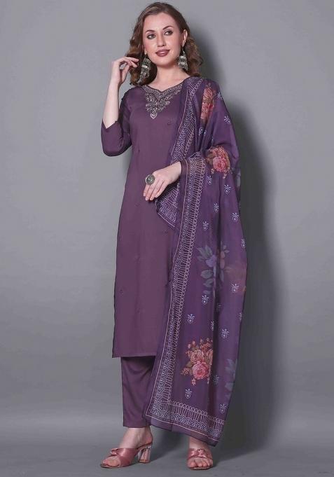 Lavendar Embroidered Silk Blend Kurta Set