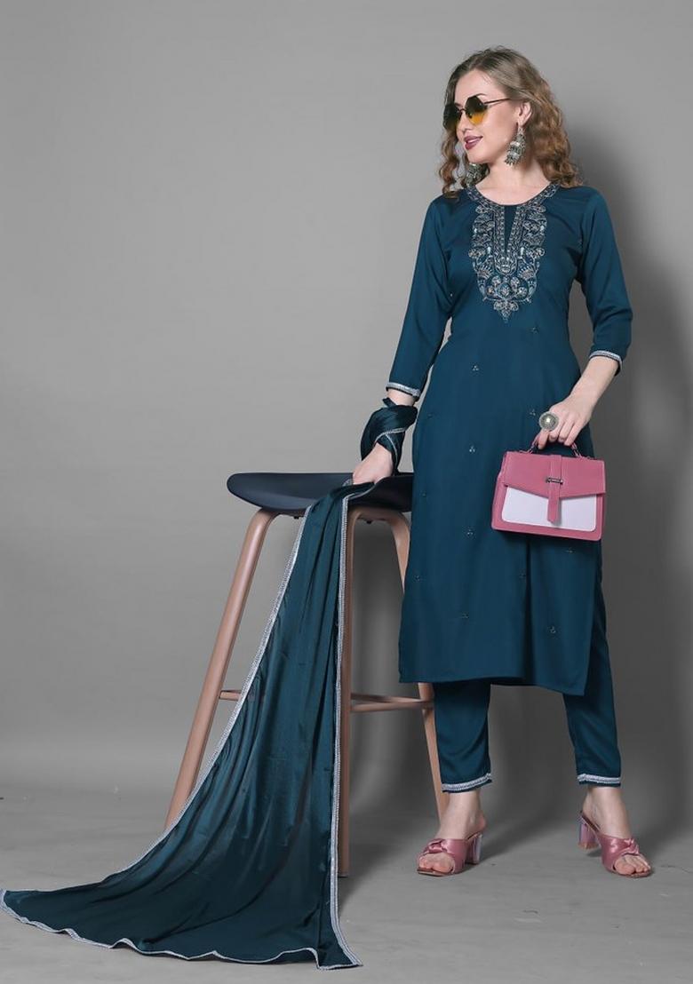 Blue Embroidered Silk Blend Kurta Set - Indya