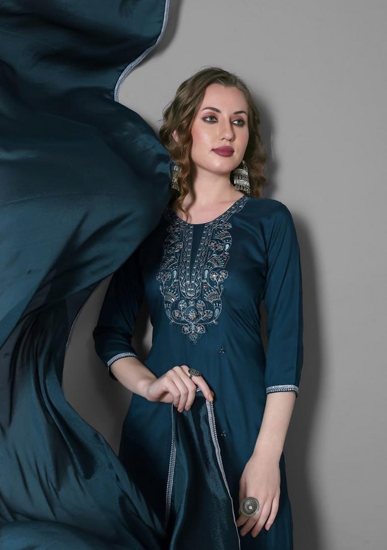 Blue Embroidered Silk Blend Kurta Set - Indya