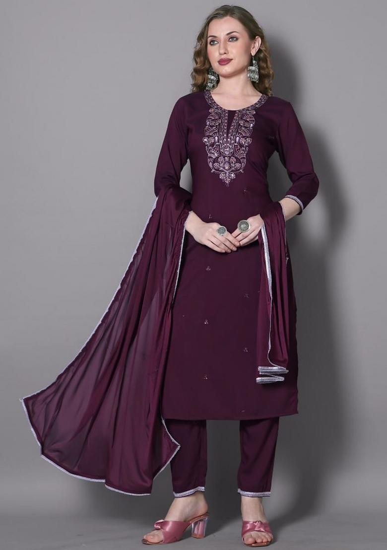 Wine Embroidered Silk Blend Kurta Set - Indya