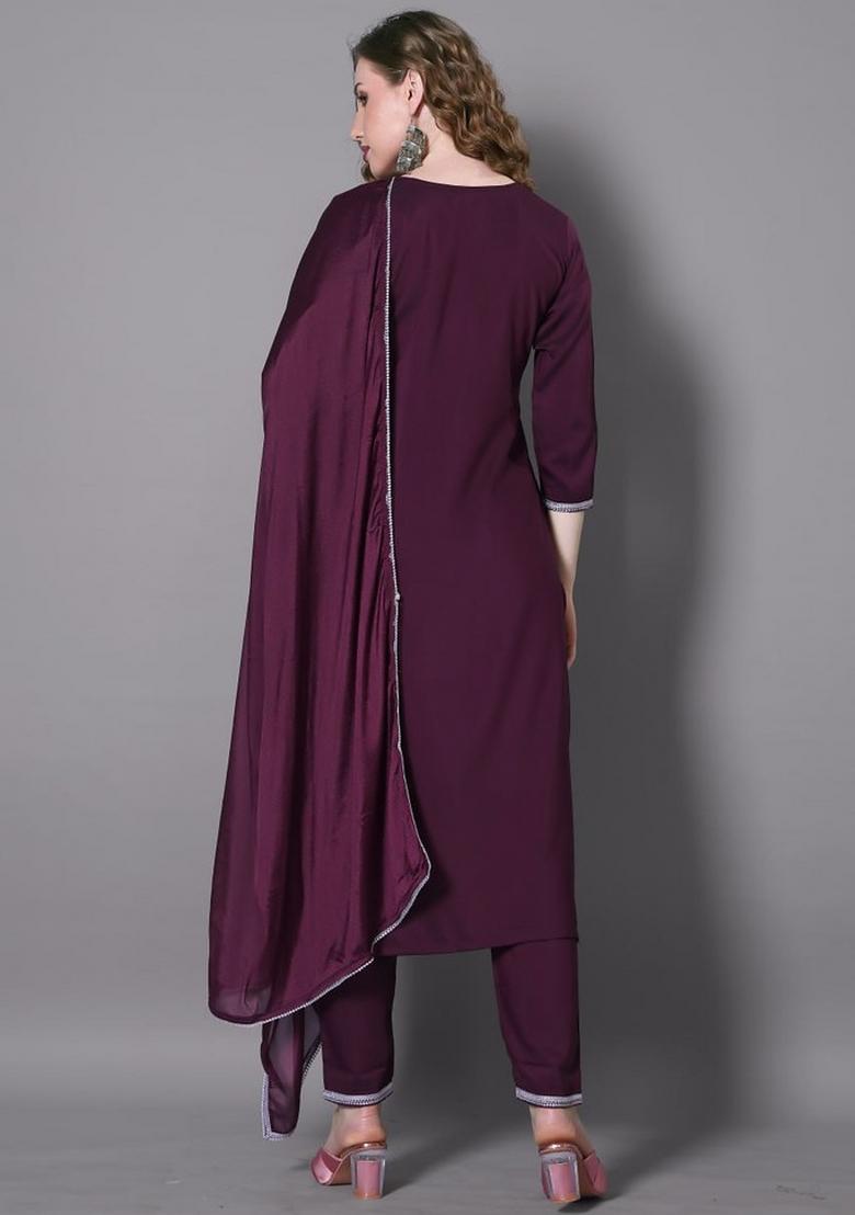 Wine Embroidered Silk Blend Kurta Set - Indya