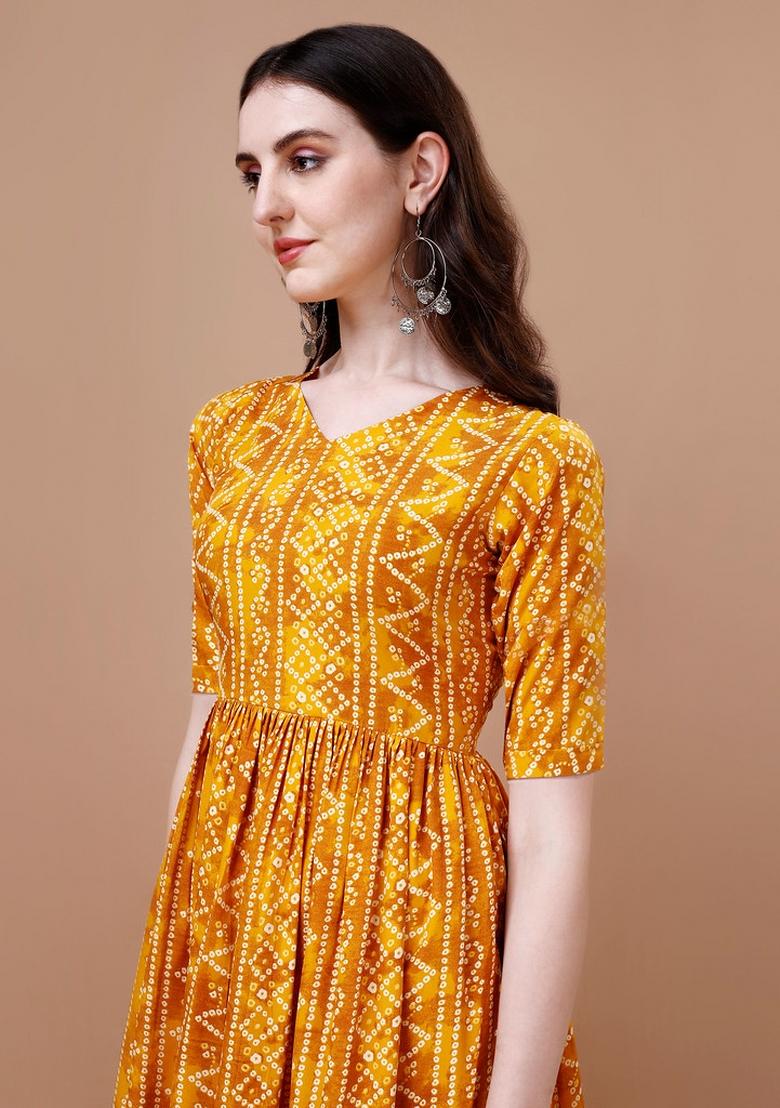Yellow Printed Rayon Kurta Set - Indya