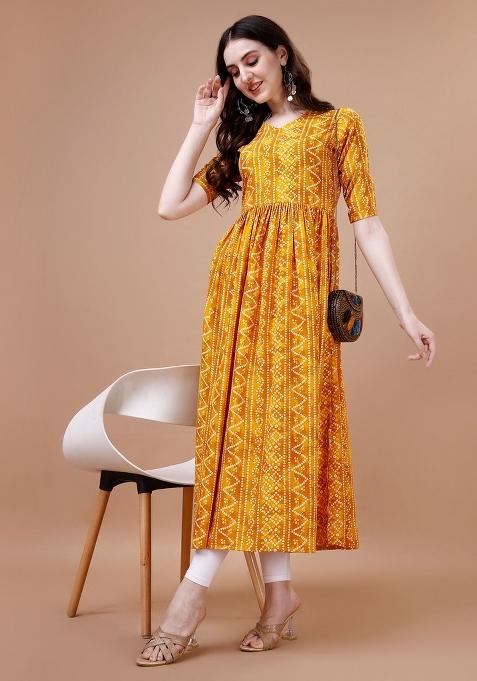 Yellow Printed Rayon Kurta Set