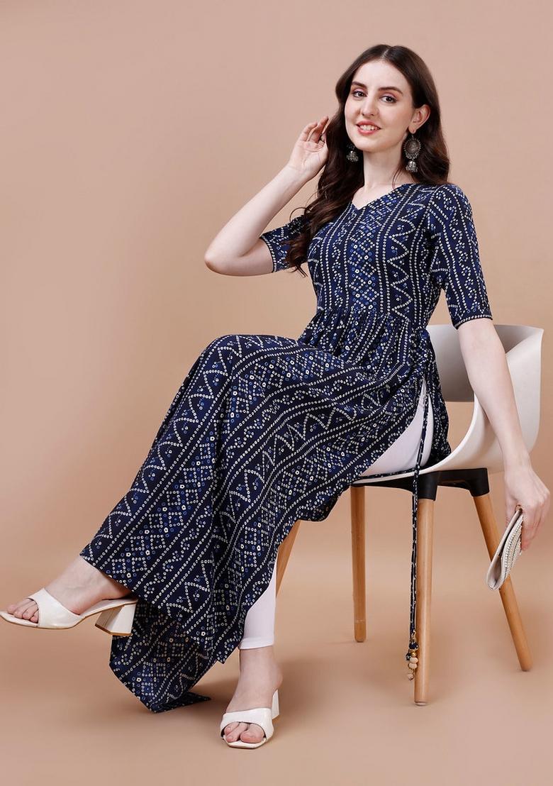 Navy Blue Printed Rayon Kurta Set - Indya