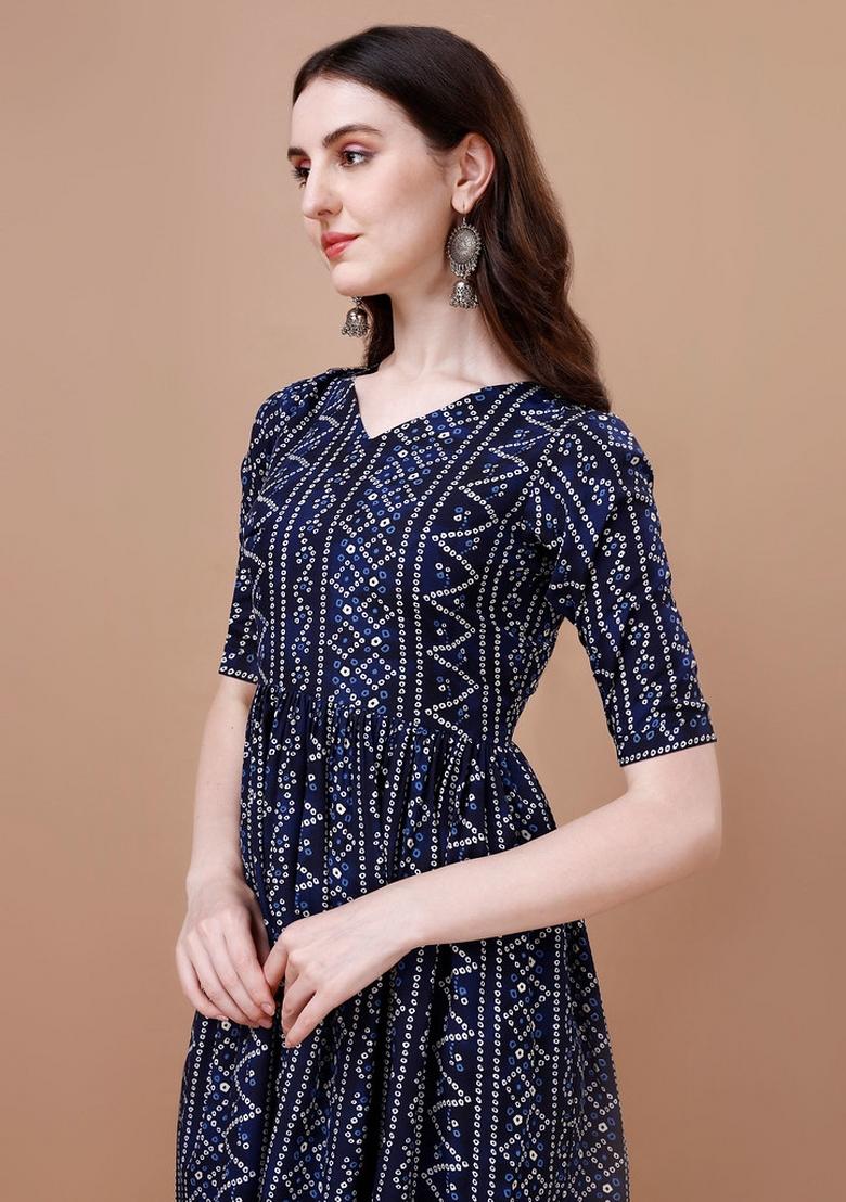 Navy Blue Printed Rayon Kurta Set - Indya