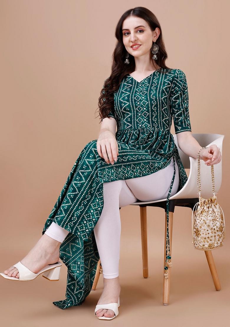 Green Printed Rayon Kurta Set - Indya