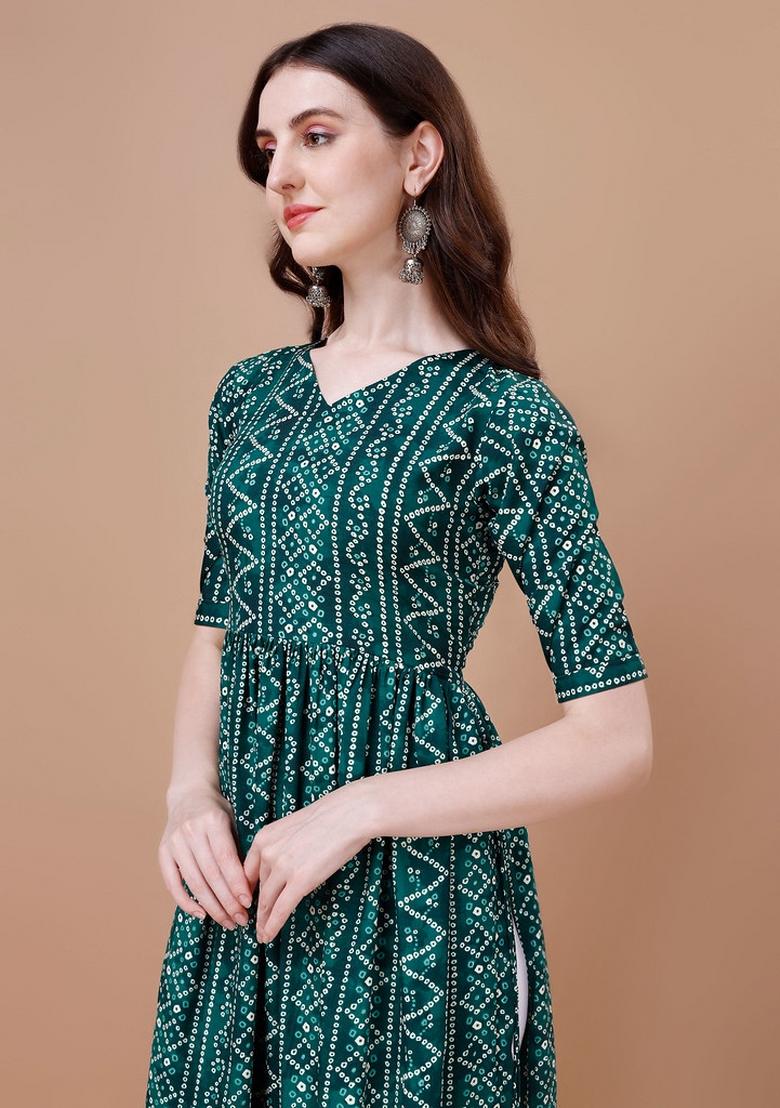 Green Printed Rayon Kurta Set - Indya