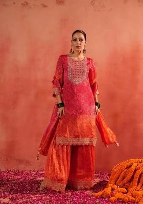 Maroon Embroidered Chinon Silk Kurta Set