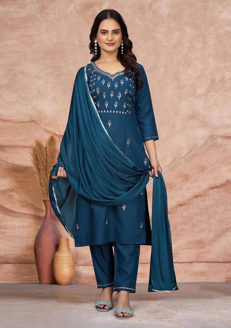 Blue Embroidered Cotton Blend Kurta Set - Indya