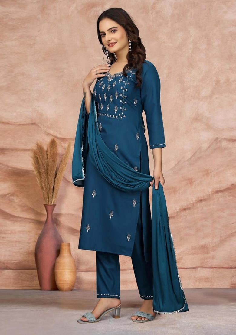 Blue Embroidered Cotton Blend Kurta Set - Indya