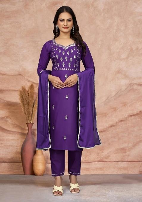 Purple Embroidered Cotton Blend Kurta Set