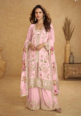 Pink Embroidered Chinon Kurta Set