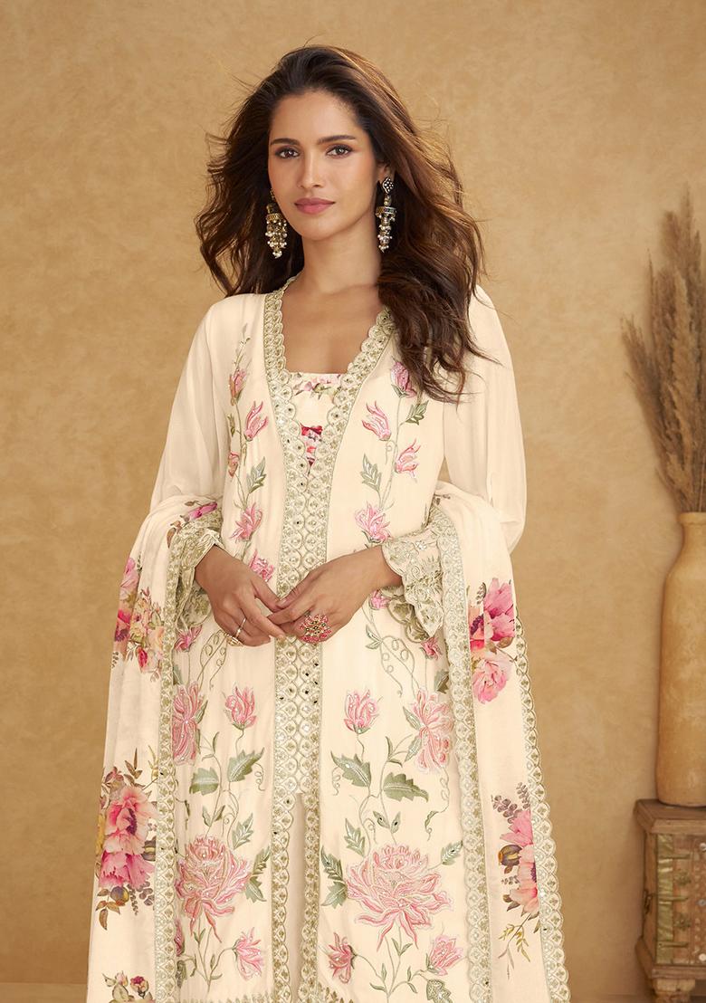Cream Printed Chinon Kurta Set - Indya