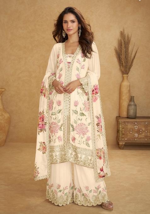 Cream Embroidered Chinon Kurta Set