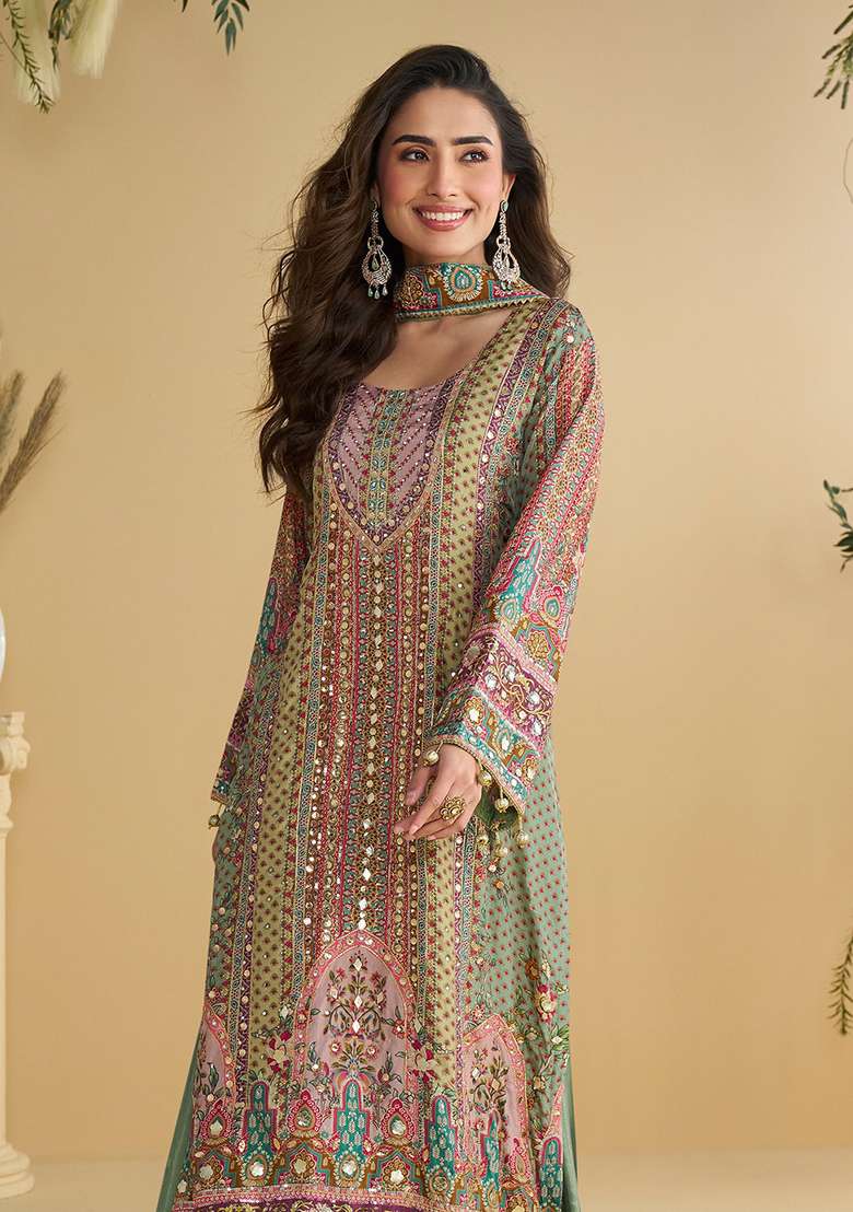 Sea Green Embroidered Crep Kurta Set - Indya