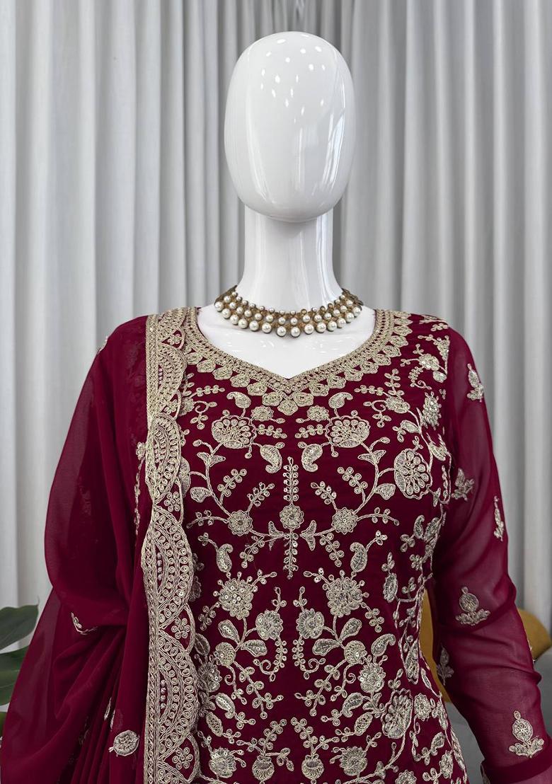 Wine Thread Work Georgette Sharara Set - Indya