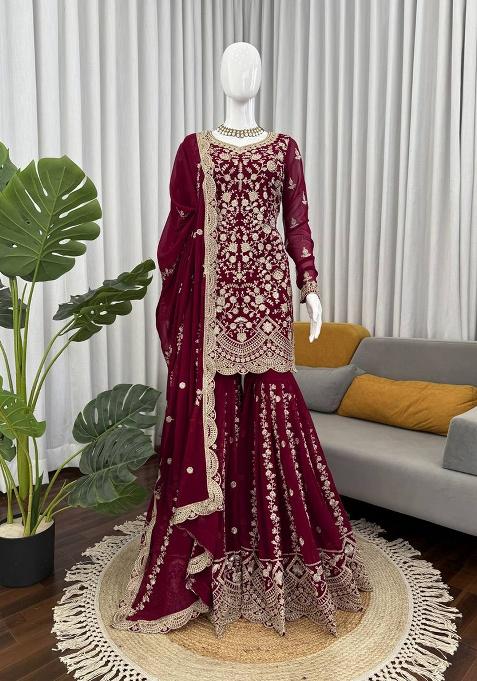 Wine Thread Work Georgette Sharara Set