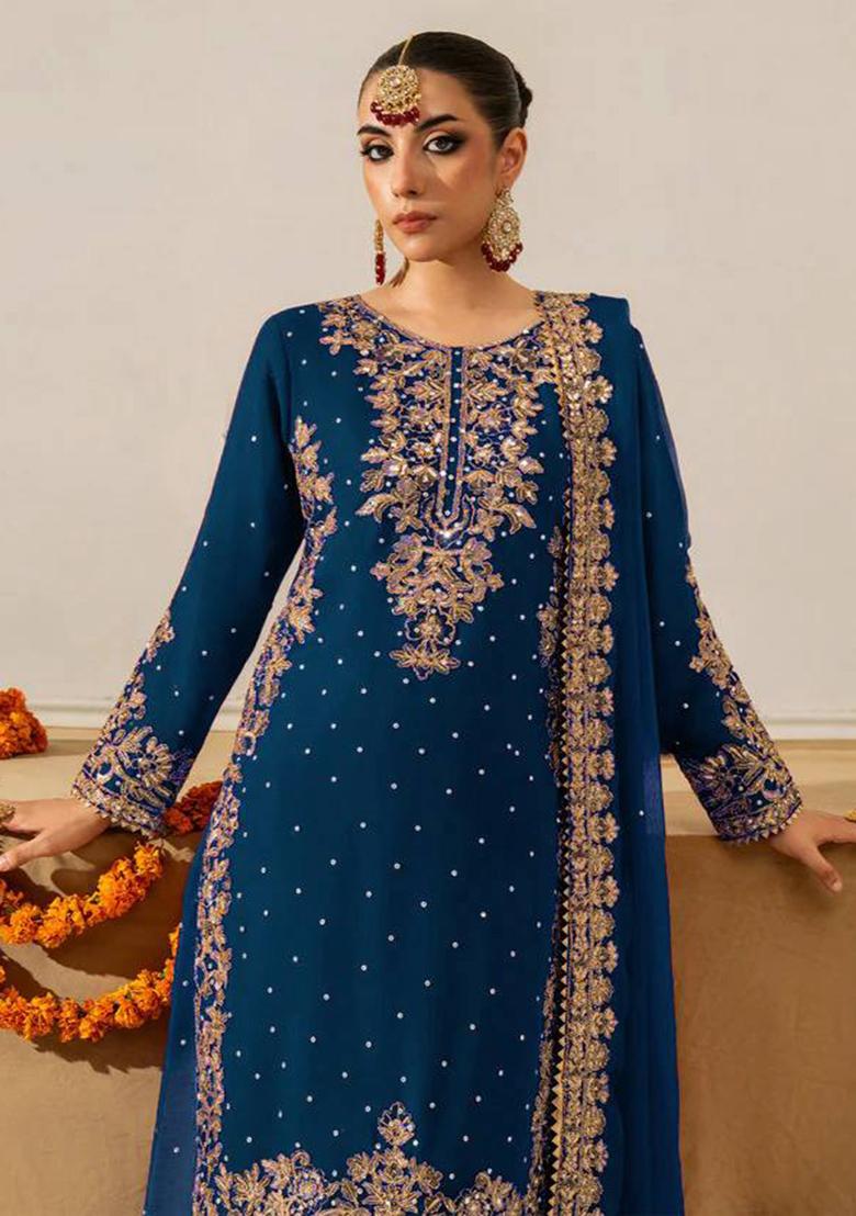 Royal Blue Sequence Georgette Sharara Set - Indya