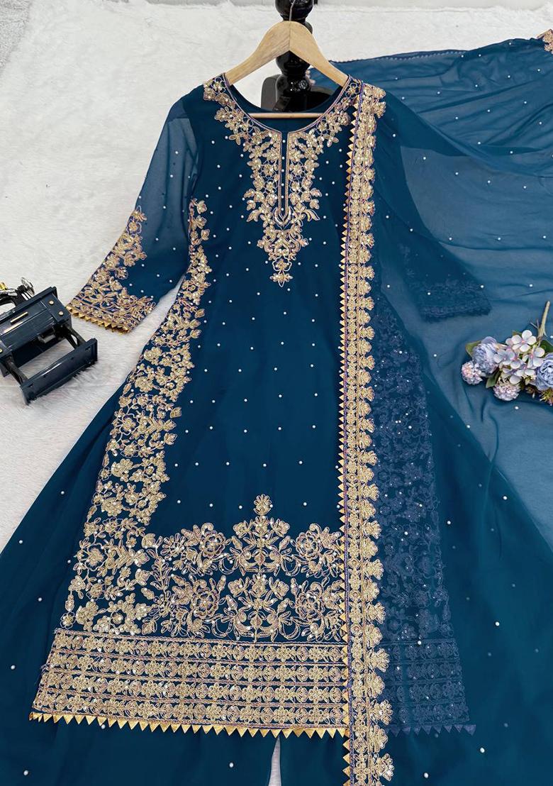 Royal Blue Sequence Georgette Sharara Set - Indya