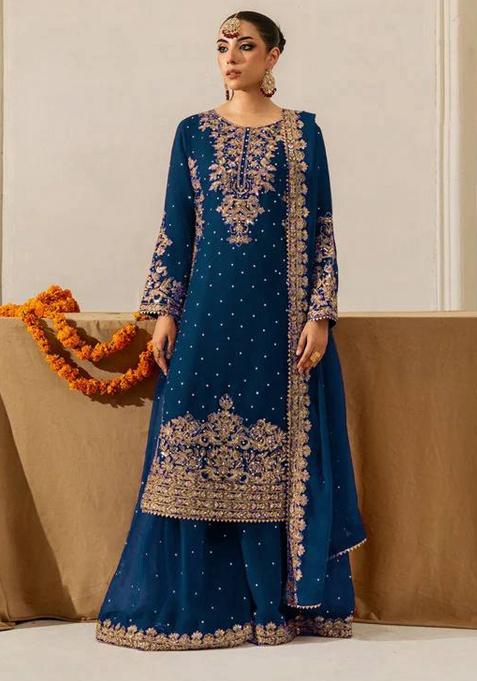 Royal Blue Sequence Georgette Sharara Set