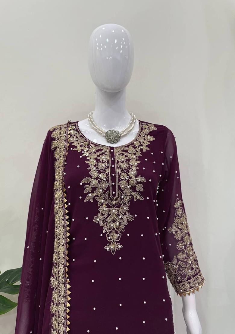 Wine Sequence Georgette Sharara Set - Indya