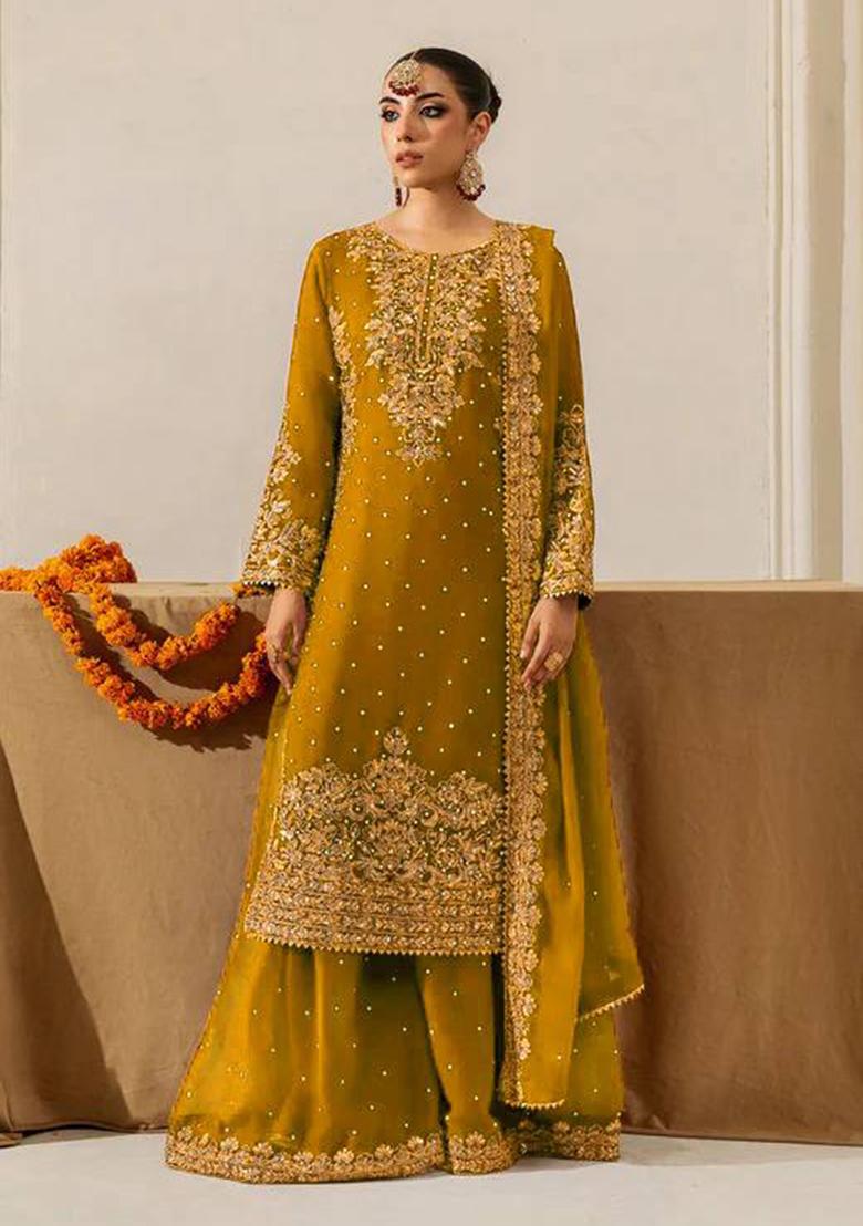 Yellow Sequence Georgette Sharara Set - Indya