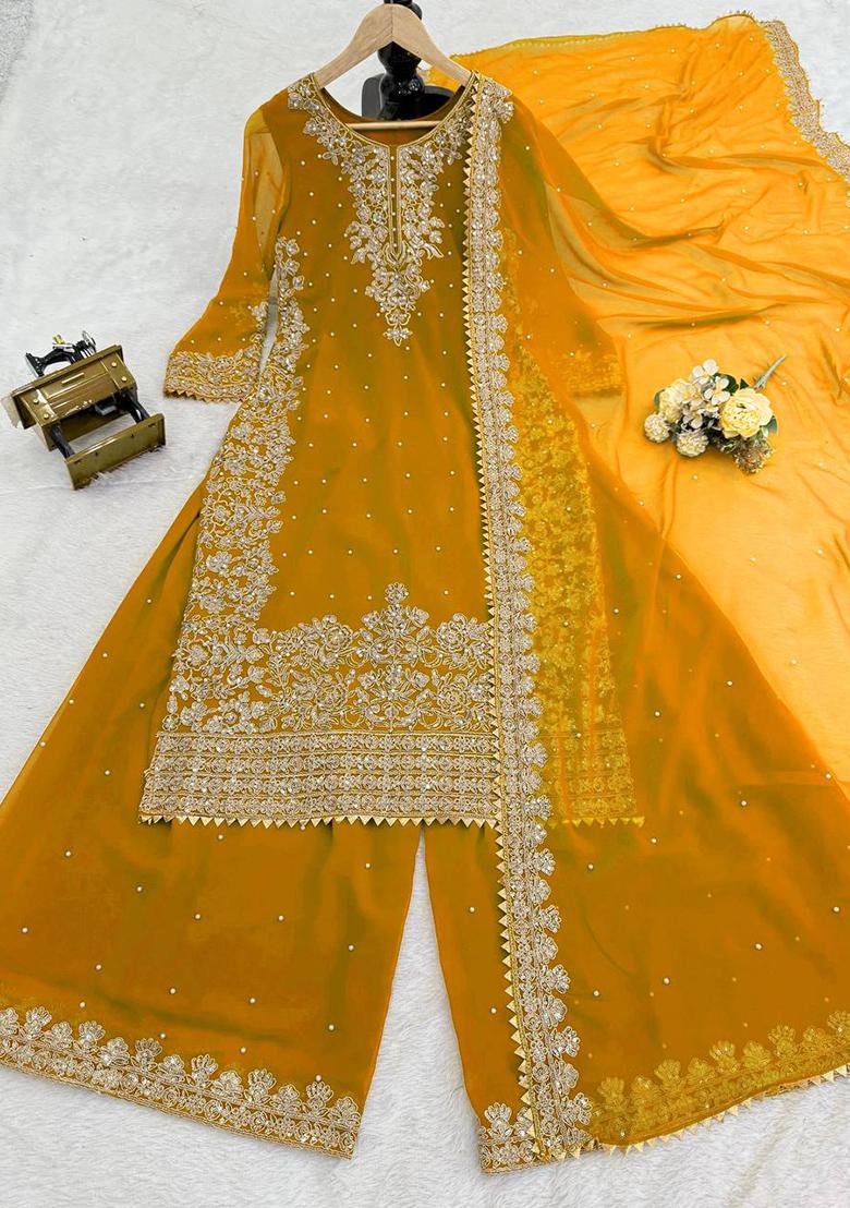 Yellow Sequence Georgette Sharara Set - Indya
