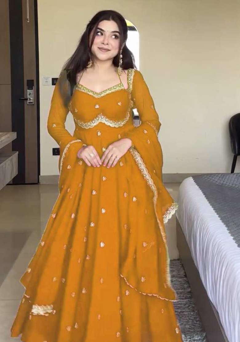 Yellow Embroidered Georgette Anarkali Set - Indya