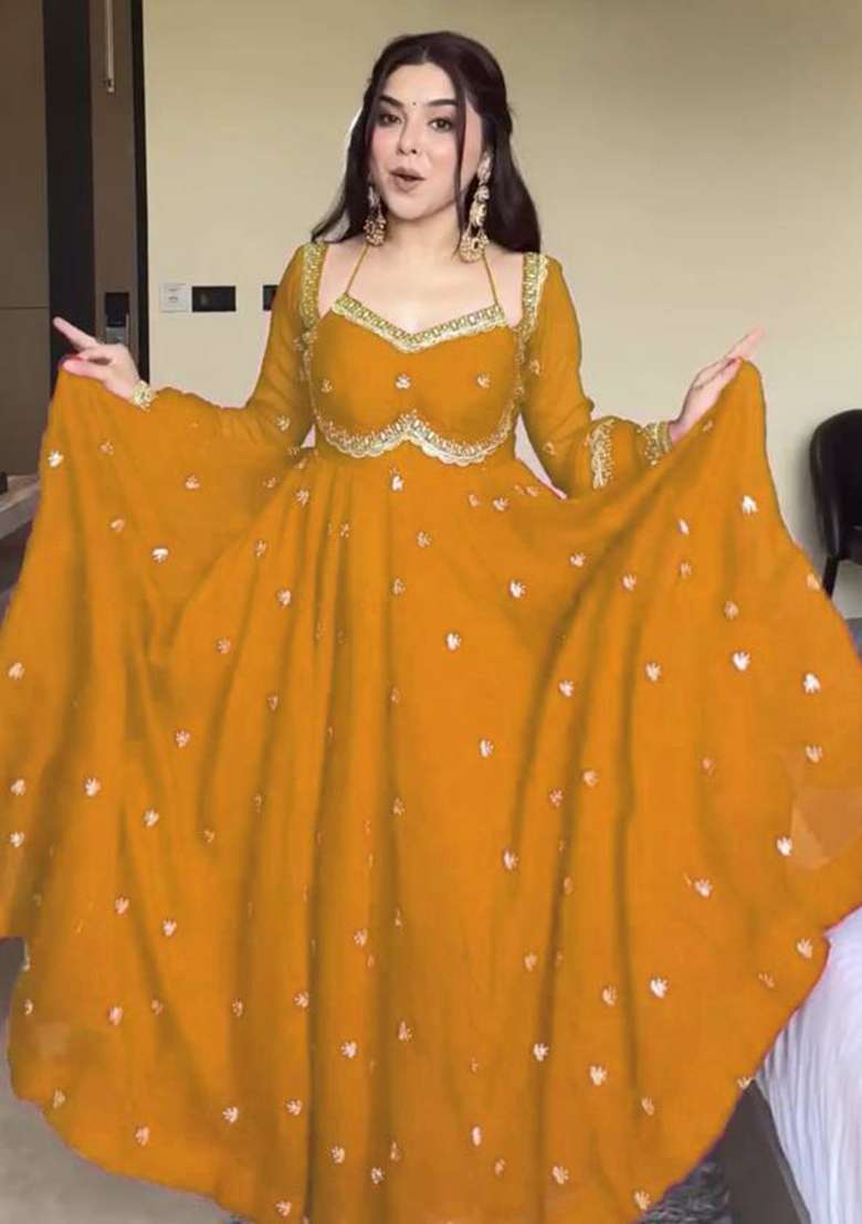 Yellow Embroidered Georgette Anarkali Set - Indya