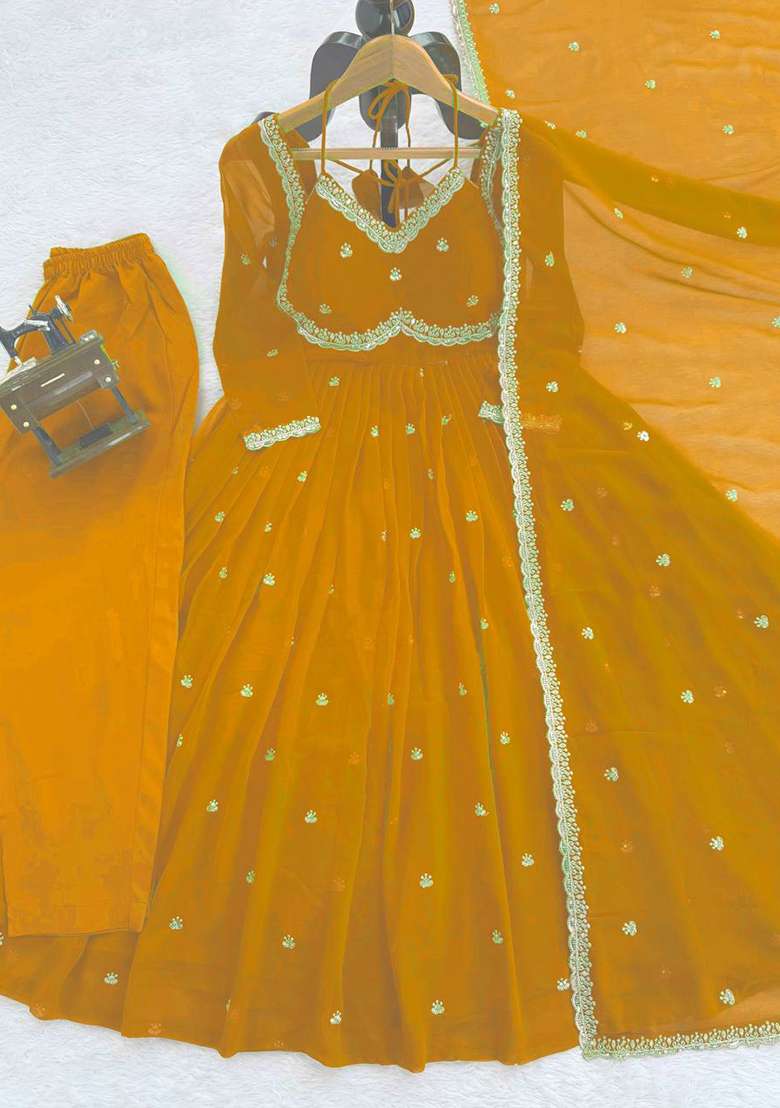 Yellow Embroidered Georgette Anarkali Set - Indya