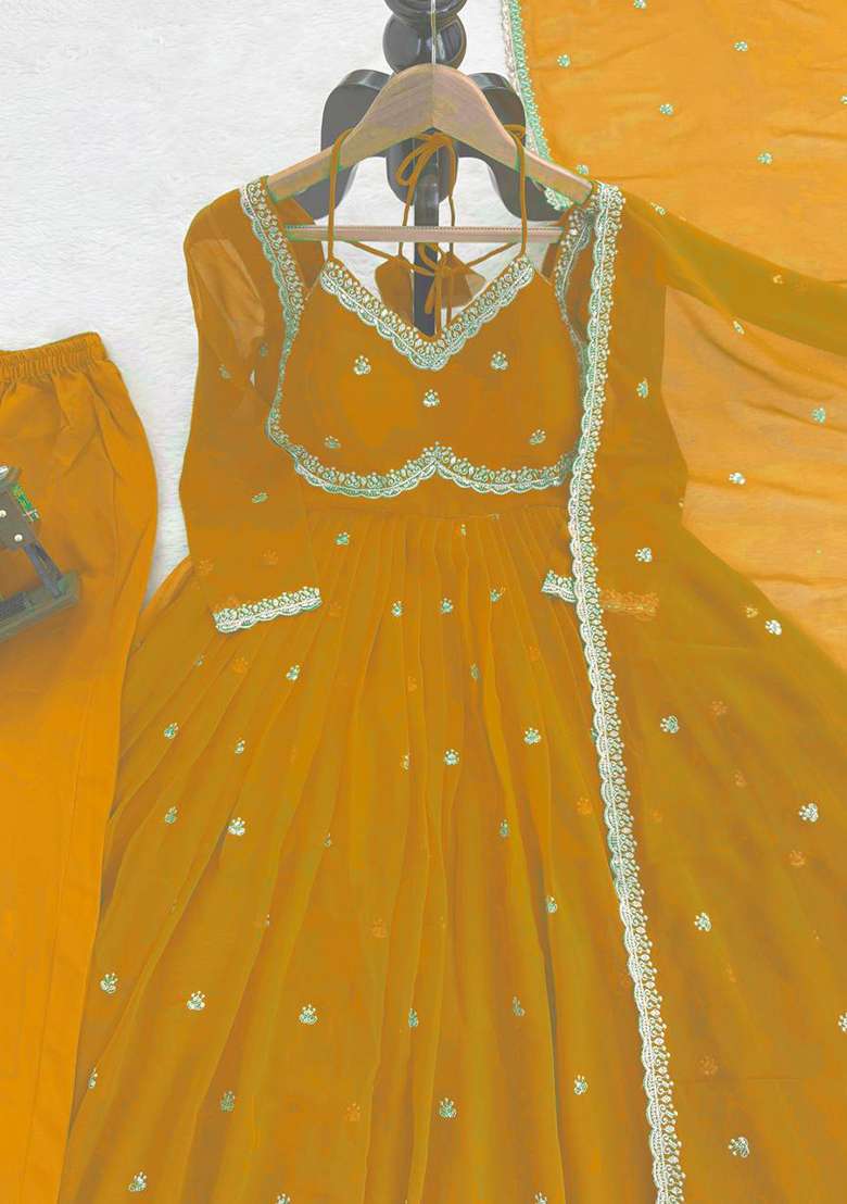 Yellow Embroidered Georgette Anarkali Set - Indya