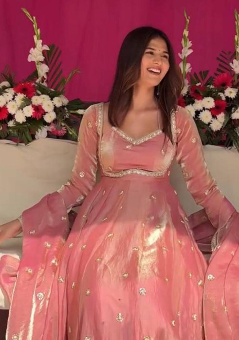 Rose Pink Sequence Silk Kurta Set - Indya