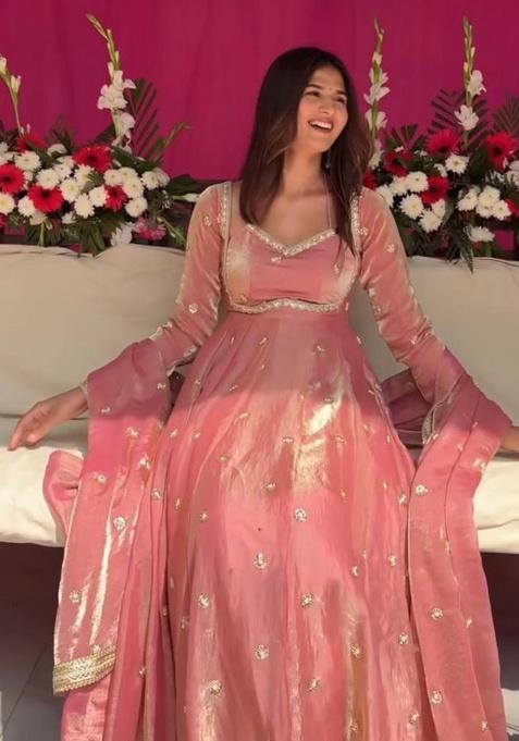 Rose Pink Sequence Silk Kurta Set